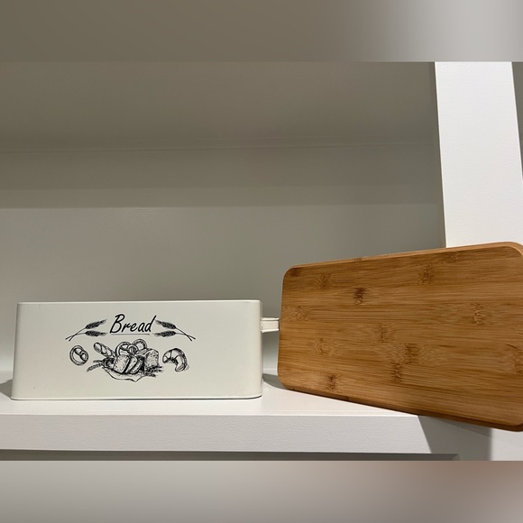 Kitchen Counter Ivory Color Tin Metal Bread Box Bin Handles Bamboo Cover 15x7x5 - Picture 2 of 9